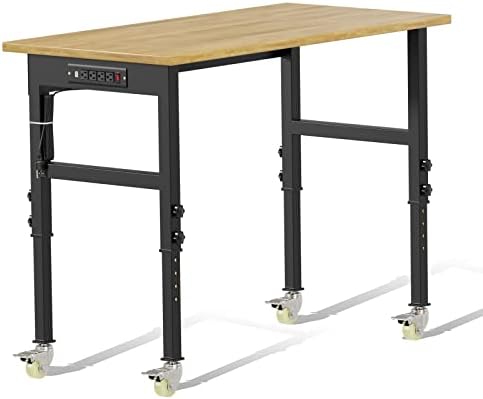 Yenntrss 48" Adjustable Workbench,Rubber Wood Top Heavy-Duty Shop Table with Wheels,2000 Lbs Capacity Load Hardwood Workstation with Power Outlets for Garage,Office,Home