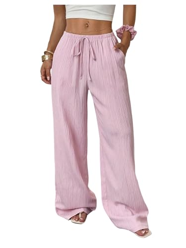 SOLY HUX Women's Wide Leg Pants Tie Front Elastic Waist Baggy Textured Long Pants Trousers with Pockets