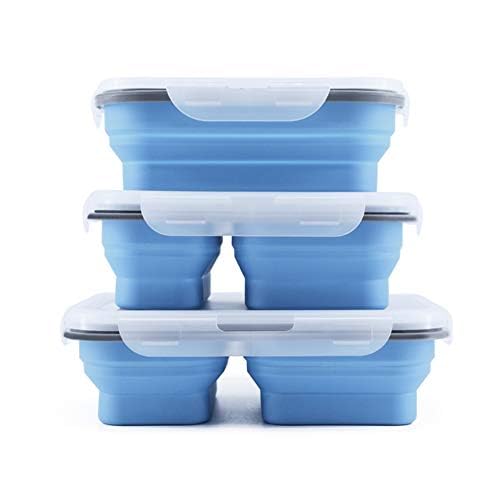 LEISIDY Pack of 3 Collapsible Adult Bento Box,Lunch Box- Silicone Food Storage with 1/2/3 Compartments and Utensil (3 Pack Blue, 900ml+1000ml+1100ml)
