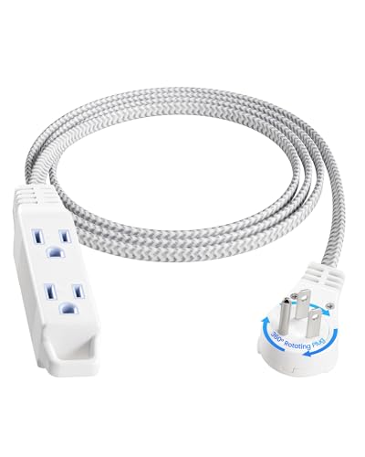 SURAIELEC - 6 ft Flat Braided Extension Cord with 3 Power outlets - 360° Swivel - Braided Flat wall Socket - 16 AWG - White - for Indoor use