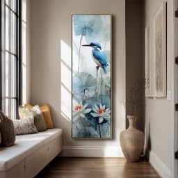 YUSUZHU Tall Narrow Canvas Wall Bird Art, Narrow Wall Decor, Large Vertical Painting, Bird Artwork, Slender Branch Canvas Print(55x110cm/Frameless)