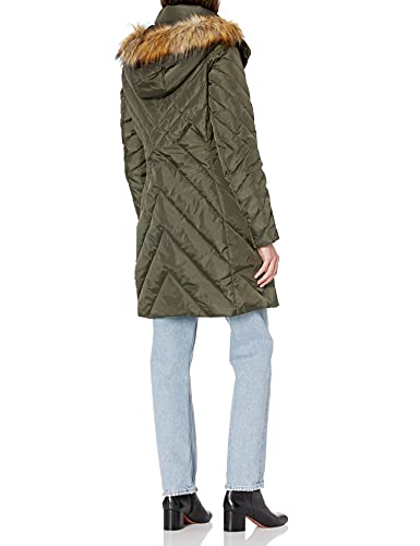 Larry Levine Women's Mid Length Chevron Down Coat with Faux Fur Trim Hood, Military Green, Medium - Thumbnail 2
