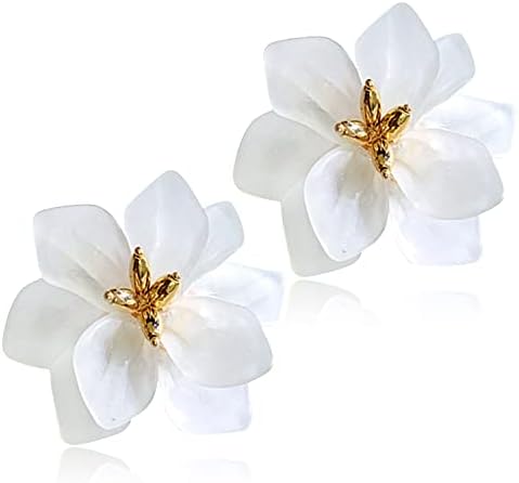 SLSF Unique Handmade Bohemian Large Matte Resin Flower Stud Earrings Dainty Elegant Acrylic Flower Petal Dangle Drop Earrings for Women Girls Statement Jewelry Gifts (White)