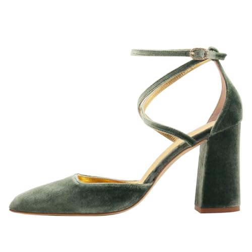 FSJ Women Bridal Chunky High Heels Pointed Toe Pumps Cross Strap D'Orsay Velvet Block Heel Sandals Wedding Evening Shoes Size 4-16 US2