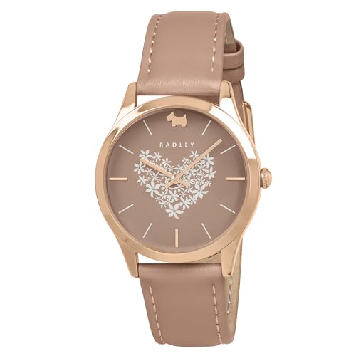 RADLEY Women's Rose Gold Plated Floral Heart Dial Carnation Pink Leather Strap Analogue Watch