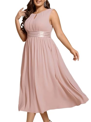 Ever-Pretty Plus Women's Elegant Round Neck Sleeveless Empire Waist Chiffon Midi Summer Plus Size Formal Wedding Guest Dress