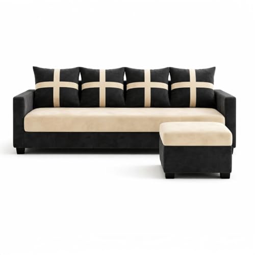 Image of Caviriq 5 Seater L Shape Sofa Set with Movable Ottoman | Flexible Layout | Luxury Velvet Suede Fabric | Modern Living Room Sofa | Black-Cream