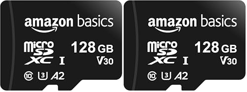 Image of Amazon Basics microSDXC Memory Card with Full Size Adapter, A2, U3, Read Speed up to 100 MB /s, 128GB, Black (Pack of 2)
