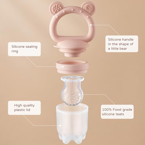 Image of 2 Pack Silicone Baby Fruit Feeder with Mini Freezer Tray, Breastmilk Popsicle Molds for Baby Teething Relief, Fresh Food Feeder for Safe Infant Self Feeding, Extra Food Pouches - Pink