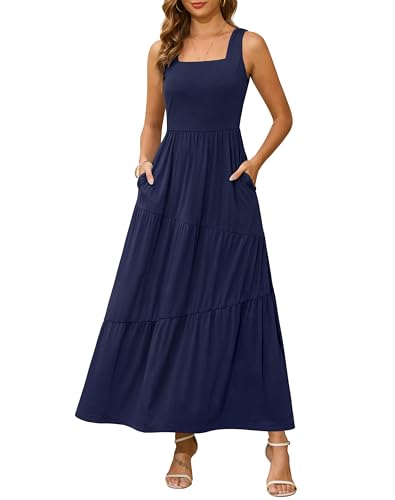 Kranda Summer Dresses for Women 2025 Sleeveless Square Neck Long Beach Sundress Casual Tank Top Tiered Maxi Dress with Pockets, Navy Blue S