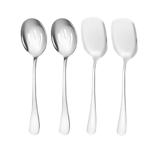 Lot de 4 grandes cuillères de service en acier inoxydable avec long manche pour servir la cuisine, le restaurant, le banquet (argenté)