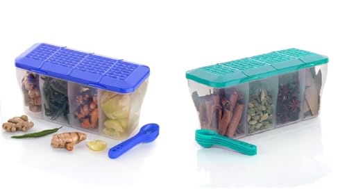 Image of Multipurpose 4 in 1 Masala Box for Kitchen | Airtight Transparent 4 Compartment Spice & Dry Fruits Storage Container with 4 Spoons, 1800ml (Multicolor)