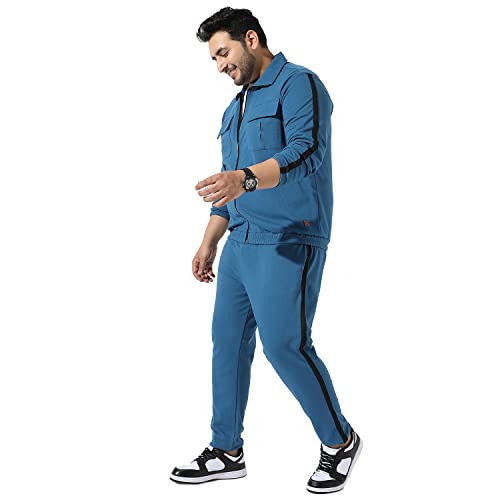 Image of Instafab Plus Men's Solid Blue Co-Ords Set For Casual Wear Regular Fit Cotton Blend Fabric Stretchable Clothing Set Crafted With Comfort Fit & High Performance For Everyday Wear