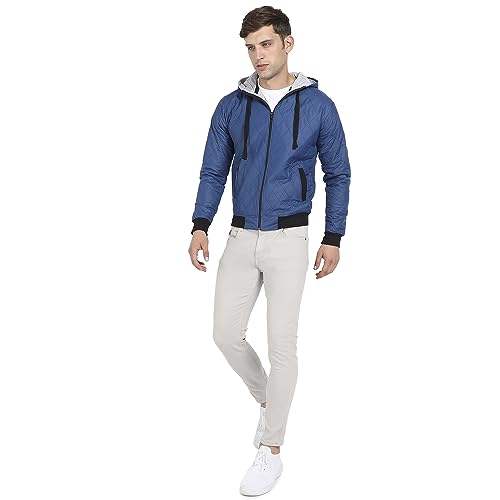 Image of Campus Sutra Men's Blue Quilted Puffer Jacket With Zip-Closure For Casual Wear | Hooded Neck | Long Sleeve | Zipper Closure | Polyester Jacket Crafted With Comfort Fit For Regular Wear