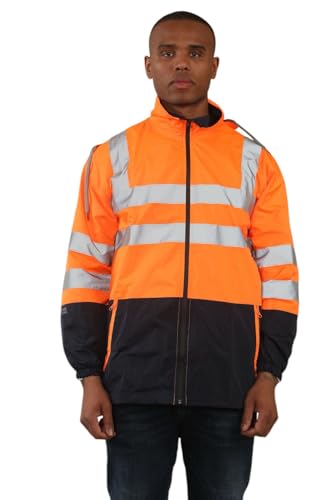 Kross Style® Mens High Visibility Reflective Safety Rain Jacket, Adults Hi-Viz Stripes Lightweight Waterproof Workwear Outdoor Construction, Zip-Up Coat (Orange, XXL)