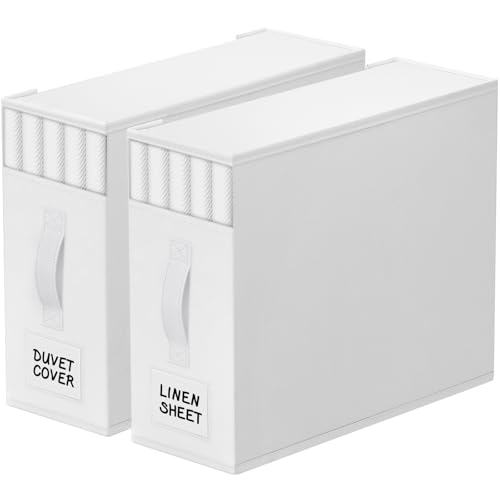 Image of StorageTastic 2 Pack Bed Sheet Closet Organizers and Storage,Sturdy Foldable Storage Containers with Window and Label,Storage and Organization for Bedding Sheets,Duvet Covers,Blankets (White)