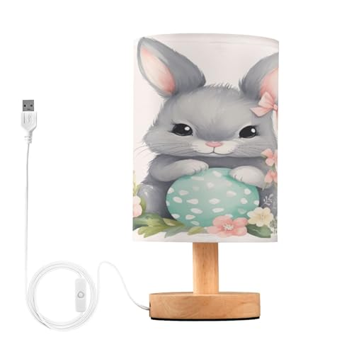 SDMKA Grey Easter Rabbit Bedside Table Lamp for Bedroom, Minimalist Nightstand Lamp with Round Fabric Shade for Living Room, Office, No Bulb Required