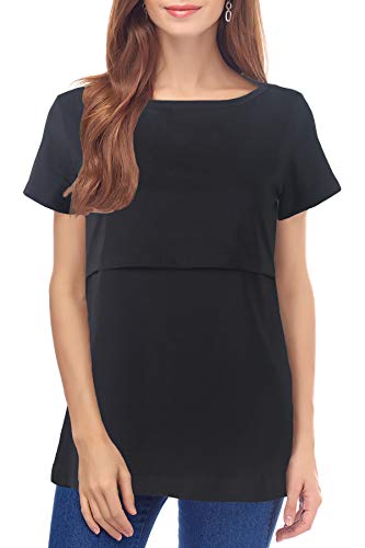 Smallshow Nursing Tops Women's Summer Short Sleeve Striped Breastfeeding T-Shirt Black S