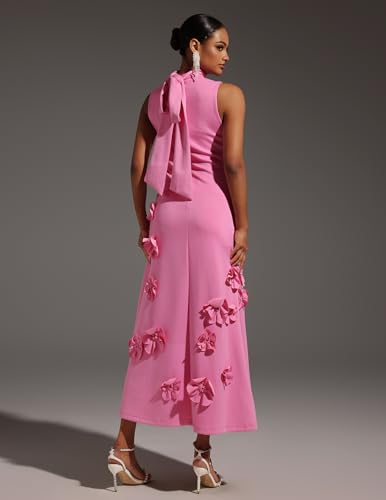 Pink 3D Flower Garden Party Dress Sleeveless Elegant Dress Maxi Bodycon Dress High Neck Pleated Dress for Women3