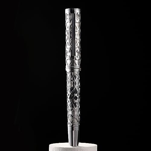 Image of Hongdian D1 Piston Fountain Pen Extra Fine Nib, Hollow Skeleton & Resin Pen with Metal Case Set (Silver)