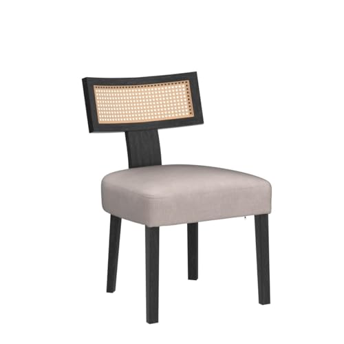 Image of HNY Mid Century Modern Rattan Dining Chairs Set of 6, Farmhouse Linen Upholstered Accent Chair Curved Backrest Kitchen Chairs, with Black Hardwood Frame, Beige