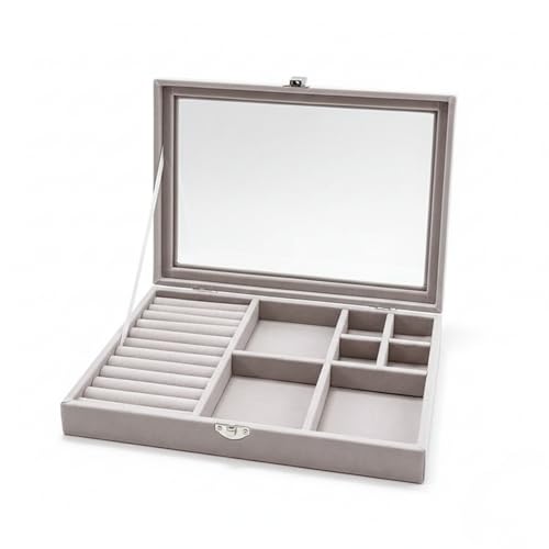 Estojo Porta Joias Organizador com Divisórias e Visor transparente - Acabamento Aveludado e Fecho Metálico – Para Brincos, Anéis, Pulseiras e Colares (Champagne)