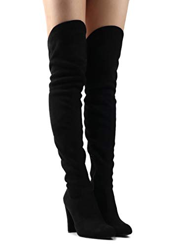 Women's Natalie Over the Knee Thigh High Boots Stretch Suede Pull on Block Heel Black SU 7