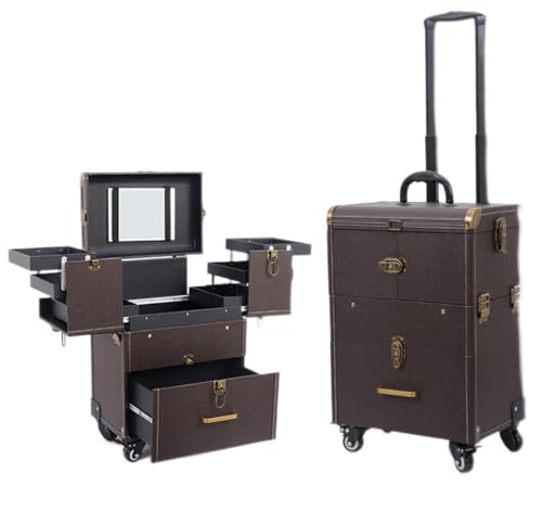 HZYLDQZJY Estojo de maquiagem, carrinho de maquiagem profissional com divisórias ajustáveis, organizador de esmalte, estojo de viagem para joias com 4 rodas e fechaduras, Marrom, Mala de maquiagem com