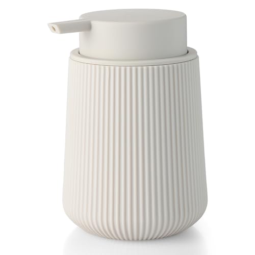 Image of YAUKPH Striped Liquid Hand Soap Dispenser with Leak-Proof Pump for Bathroom and Kitchen Countertop 11oz Beige