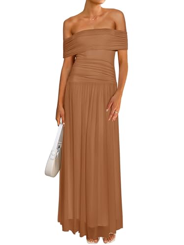 Image of MASCOMODA Women Off The Shoulder Mesh Maxi Dress Bodycon Ruched Formal Sleeveless Pleated Cocktail Wedding Guest Long Dresses