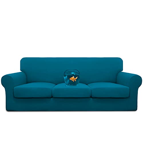 Image of Easy-Going Waterproof 4 Pieces Couch Cover for 3 Cushion Peacock Blue | 100% Dual Waterproof Sofa Slipcover for 3 Separate Cushion Couch Leakproof Furniture Protector for Kids, Pets
