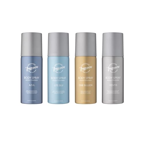 Designer Fragrances 4 Pack Assorted Bundle Mens Body Spray Deodorant Cans - Azul - Lite Blu - One Billion - Ventus - Instant Freshness on The Go - Long Lasting Smell - Great Male Gift Sets - 150ml