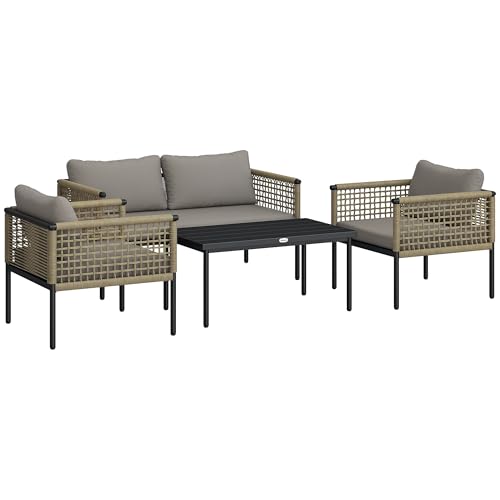 Outsunny Conjunto de Jardín Exterior de Ratán Sintético de 4 Piezas Muebles de Jardín Exterior Incluye 1 Sofá Doble 2 Sillones y Mesa de Centro con Cojines Natural y Gris