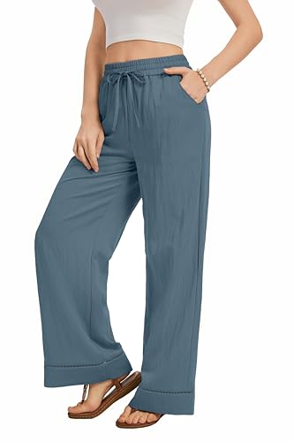 Image of KICZOY Women Flowy Pants Drawstring Waist Wide Leg Palazzo Beach Pants Loose Fit with Pockets