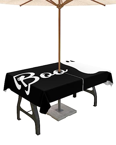 Halloween Outdoor Tablecloths with Umbrella Hole and Zipper, White Ghost Boo Horror Black Waterproof/Stain Resistant Rectangle Table Cloth 60x120 Patio Table Cover for Picnic/Party