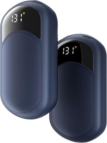 Hand Warmers Rechargeable 2 Pack, Electric Hand Warmer with Gift Box, LED Battery and Temperature Display, Quick Heating Portable Pocket Heater, for Men Women, Camping, Hunting Blue