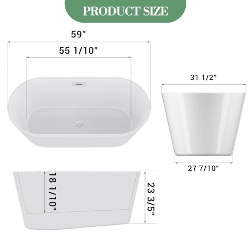 Image of 59'' Acrylic Freestanding Bathtub, Deep Soaking Tub, Modern Oval
