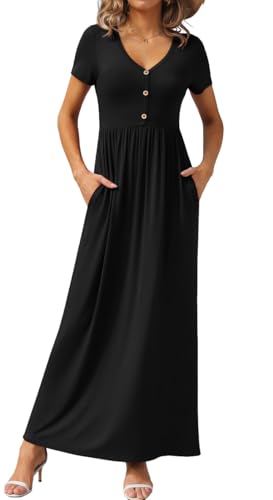 Image of GRECERELLE Womens Summer Long Maxi Dresses 2026 Short Sleeve V Neck Casual Button Dress with Pockets