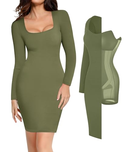 Image of Popilush Long Sleeve Midi Dresses for Women, Built-in Bra Shapewear Dress | Bodycon, Tummy Control, Square Neck, Cocktail Party and Dinners