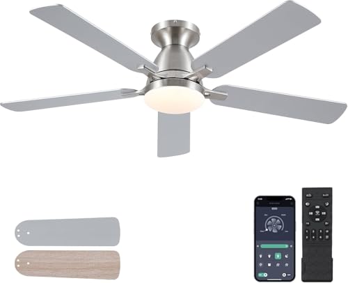 Shanggu Ventilador de techo con luz, 132CM con luz y mando a distancia, Reversible,Regulable, Silencioso, Ventilador de techo para dormitorios interiores/exteriores Niquel Cepillado