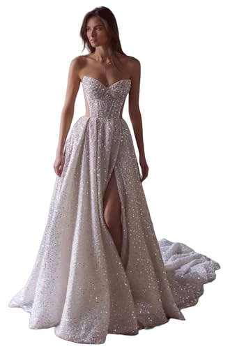 TSxuelian Luxury Beaded Strapless Wedding Dress for Bride Sparkly Bridal Ball Gowns A Line Sequin Wedding Dresses with Split