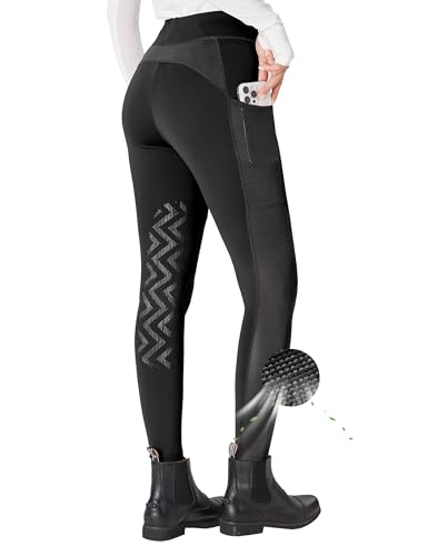 FitsT4 Sports Womens Horse Riding Pants Knee-Patch Riding Tights Ventilated Mesh Equestrian Breeches Horseback Schooling Tights with Pockets Black S
