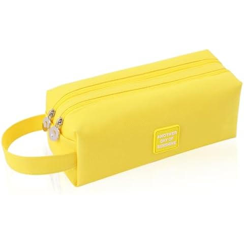 iSuperb 2 Compartments Pencil Case Zippered Pencil Pouch With Handle Big Large Capacity Pen Bag Organizer Canvas Handbag for Kids Boys Girls School University Travel Office Stationary (Yellow) Cover