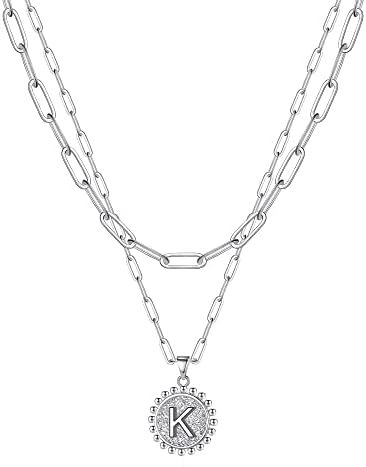 Yesilver Silver Necklace for Women Girls, 14k White Gold Plated Dainty Paperclip Link Chain Necklace Personalized Coin Letter K Necklace Silver Layered Initial Necklaces for Women Girls Gifts
