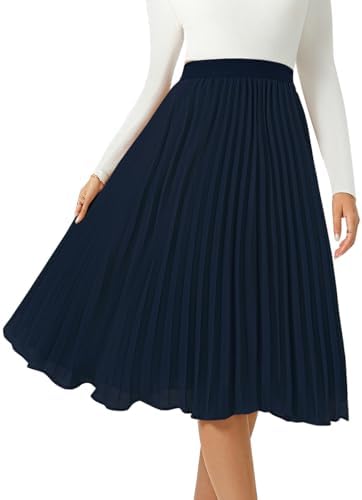 Women's Midi Skirt Elastic High Waist Pleated Skirt Knee Length Swing A-Line Casual Flowy Skirts 2025