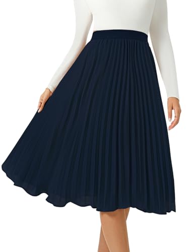Women's Midi Skirt Elastic High Waist Pleated Skirt Knee Length Swing A-Line Casual Flowy Skirts 2025