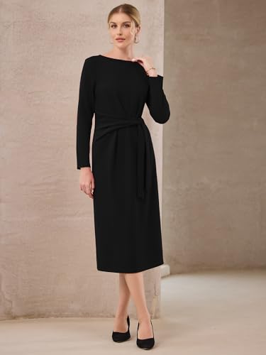Women's Knee Length Pencil Dress Long Sleeve Tie Waist Church Work Sheath Dresses2