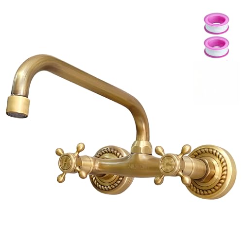 NIUKOMY Torneira cozinha lava-louça parede latão antigo, misturador lavatório mural bronze, giratório 360° retro torneiras de cabo duplo para cozinha/casa de banho / exterior, cano 24 cm