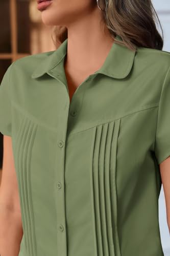 Cicy Bell Womens Short Sleeve Button Down Shirts Pleated Slim Fit Summer Dressy Casual Blouses Army Green — view 2