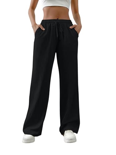 Image of TOPLOT Women's Linen Blend Wide Leg Palazzo Pants | Elastic Drawstring Waist Trousers for Woman | Relaxed Fit Casual Lounge Trousers | Breathable Straight Leg Everyday Bottom Wear (5268)